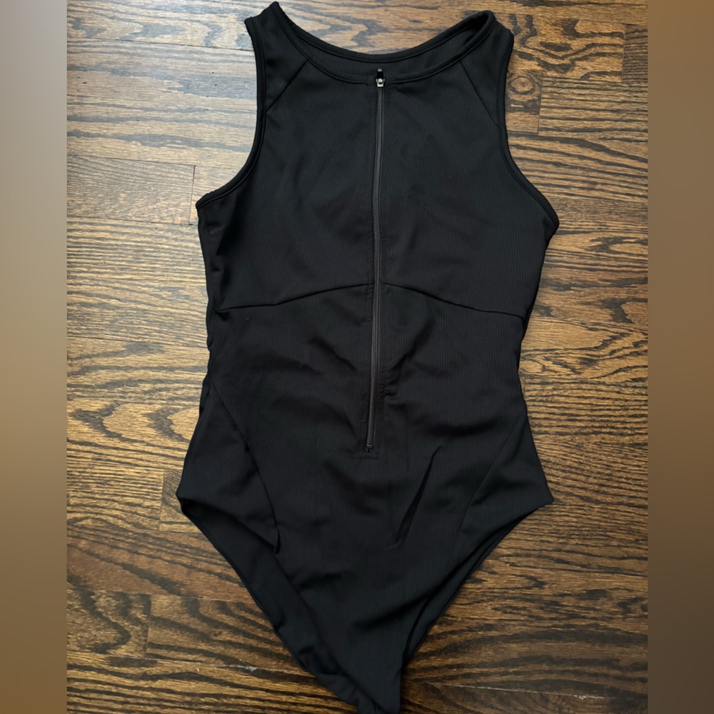 BuffBunny Black Ribbed Zip-Front One-Piece Swimsuit - Picture 2 of 6